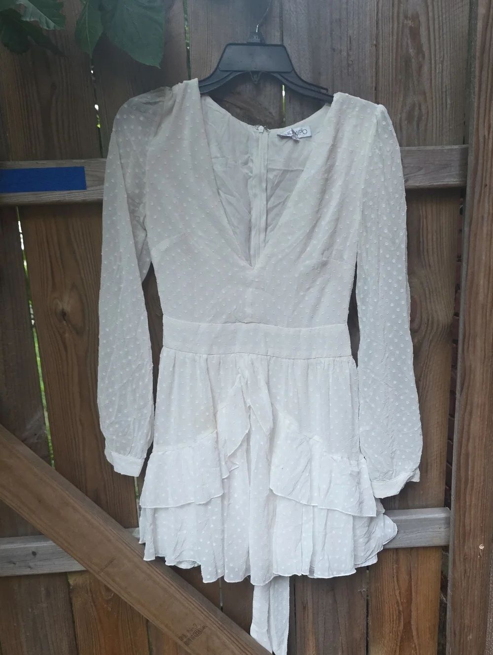 Showpo Cream Long-Sleeve Swiss Dot Ruffle Dress